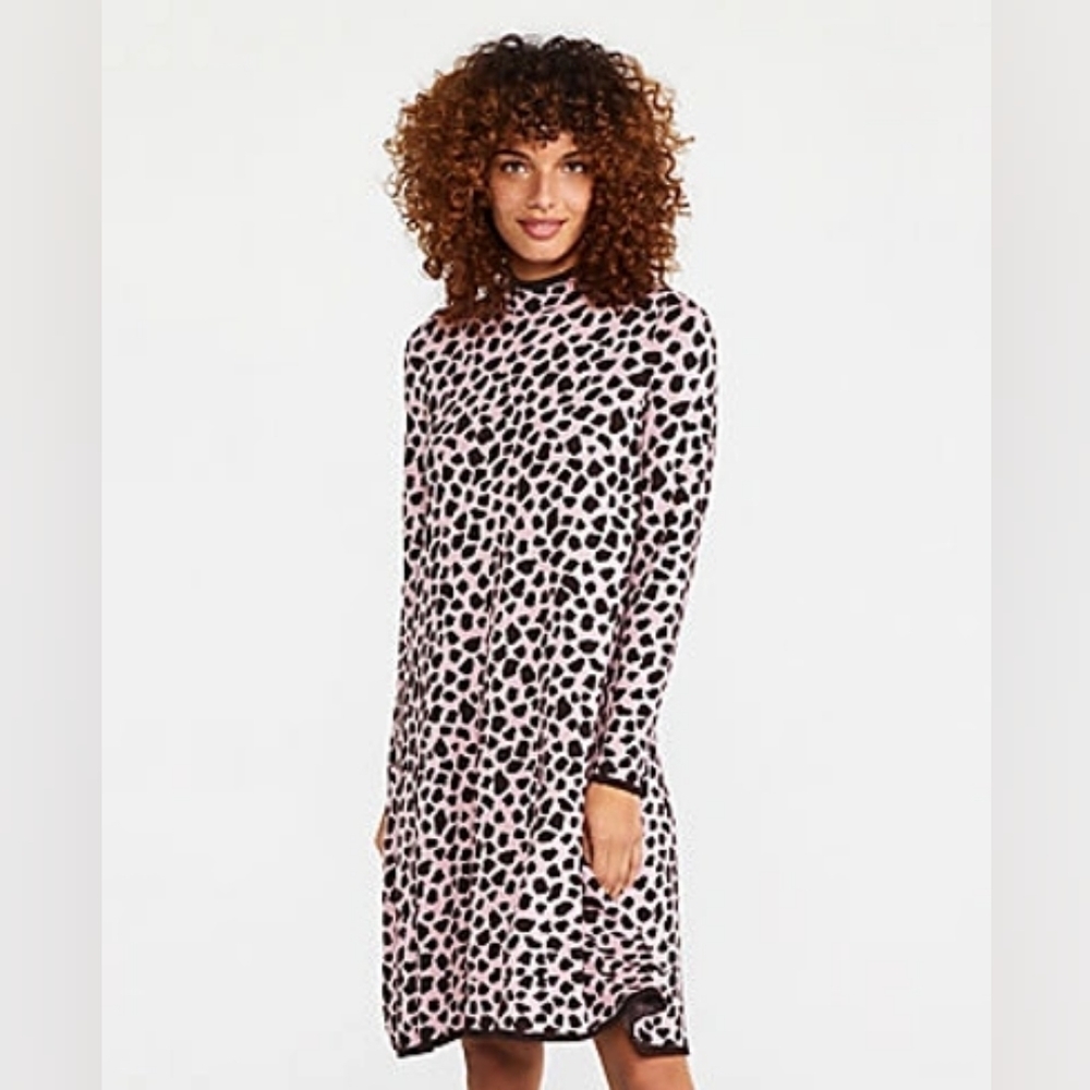 Ann Taylor Animal Jacquard Sweater Dress Pink Twist Leopard Knit - Sz Small Tall